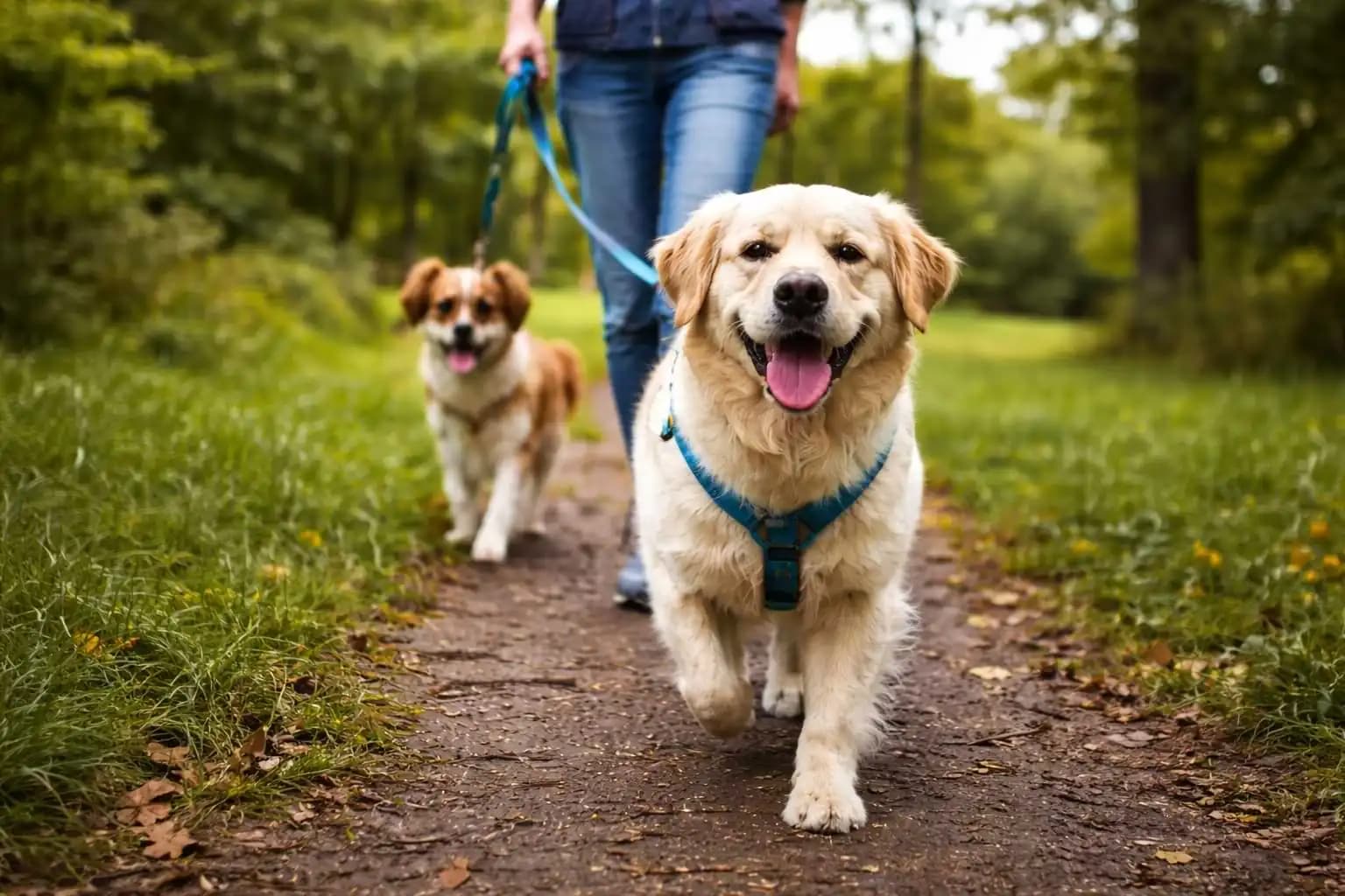 Professional dog walker with golden retriever and small dog on nature trail in Atlanta